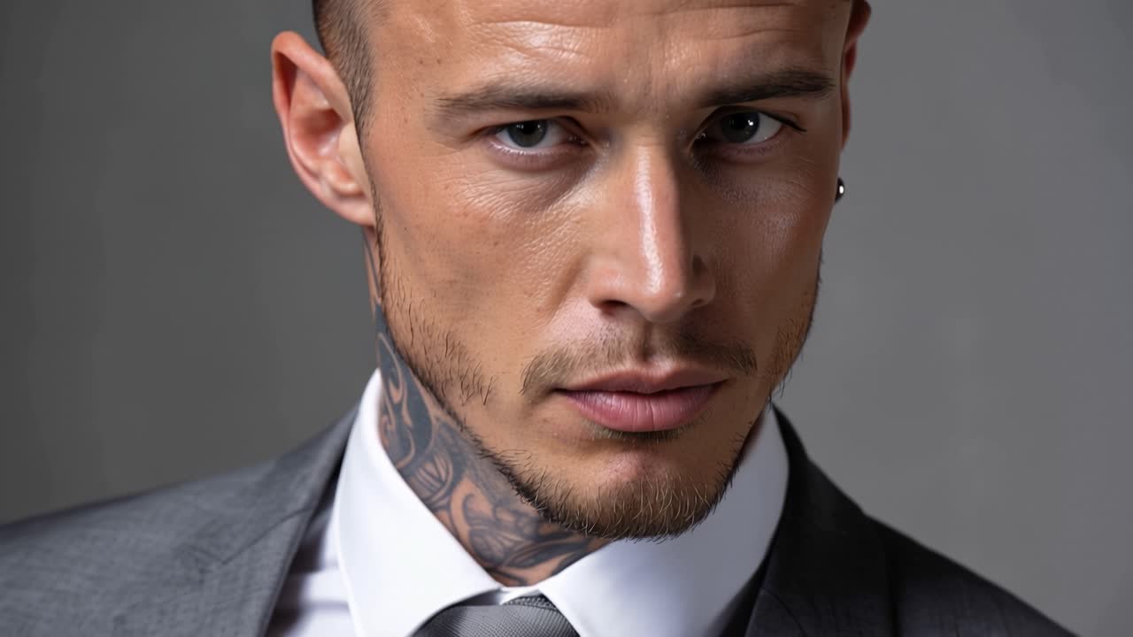 Un uomo tatuato in abito fissa intensamente la fotocamera. Gli occhi si incontrano con lo spettatore, mostrando audace sicurezza. L'abito sartoriale ben rifinito contrasta con i tatuaggi visibili.