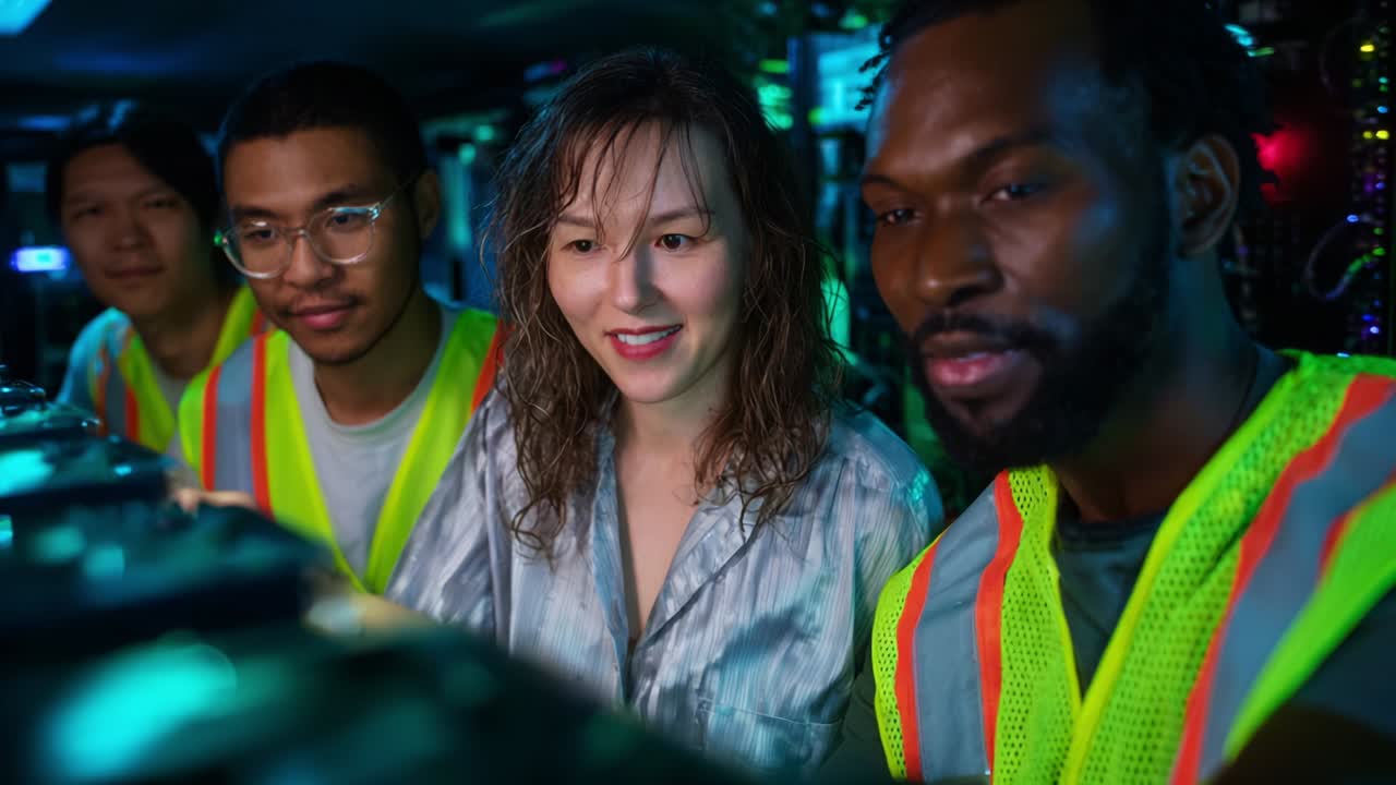 A group of four diverse individuals wearing safety vests share a moment of excitement while focusing on a digital display in a well-lit technological environment, showcasing teamwork and collaboration