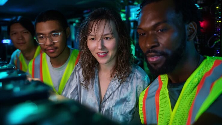 A group of four diverse individuals wearing safety vests share a moment of excitement while focusing on a digital display in a well-lit technological environment, showcasing teamwork and collaboration