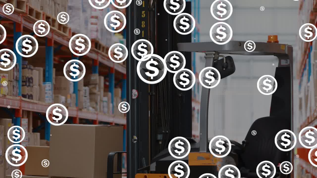 Animazione di icone del dollaro su un magazzino