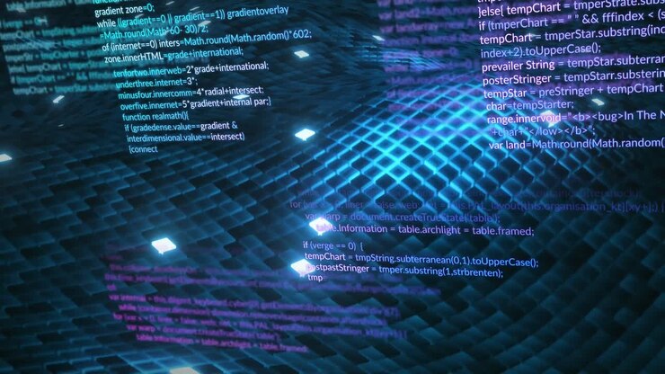 Анимация обработки цифровых данных и движущейся зеленой сетки на заднем плане.