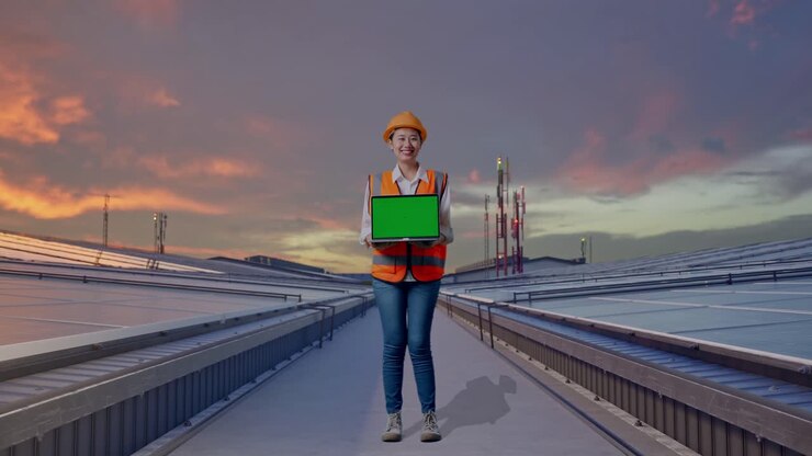 Full Body Of Asian Female Engineer With Safety Helmet Smiling And Showing Green Screen Laptop To The Camera and Inspecting Industrial Rooftop Solar Panels
