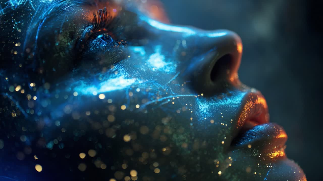 Extreme close up of a woman's face with glowing creative makeup, featuring blue skin, sparkling glitter, and gold accents against a background of warm bokeh lights for a cosmic, ethereal effect