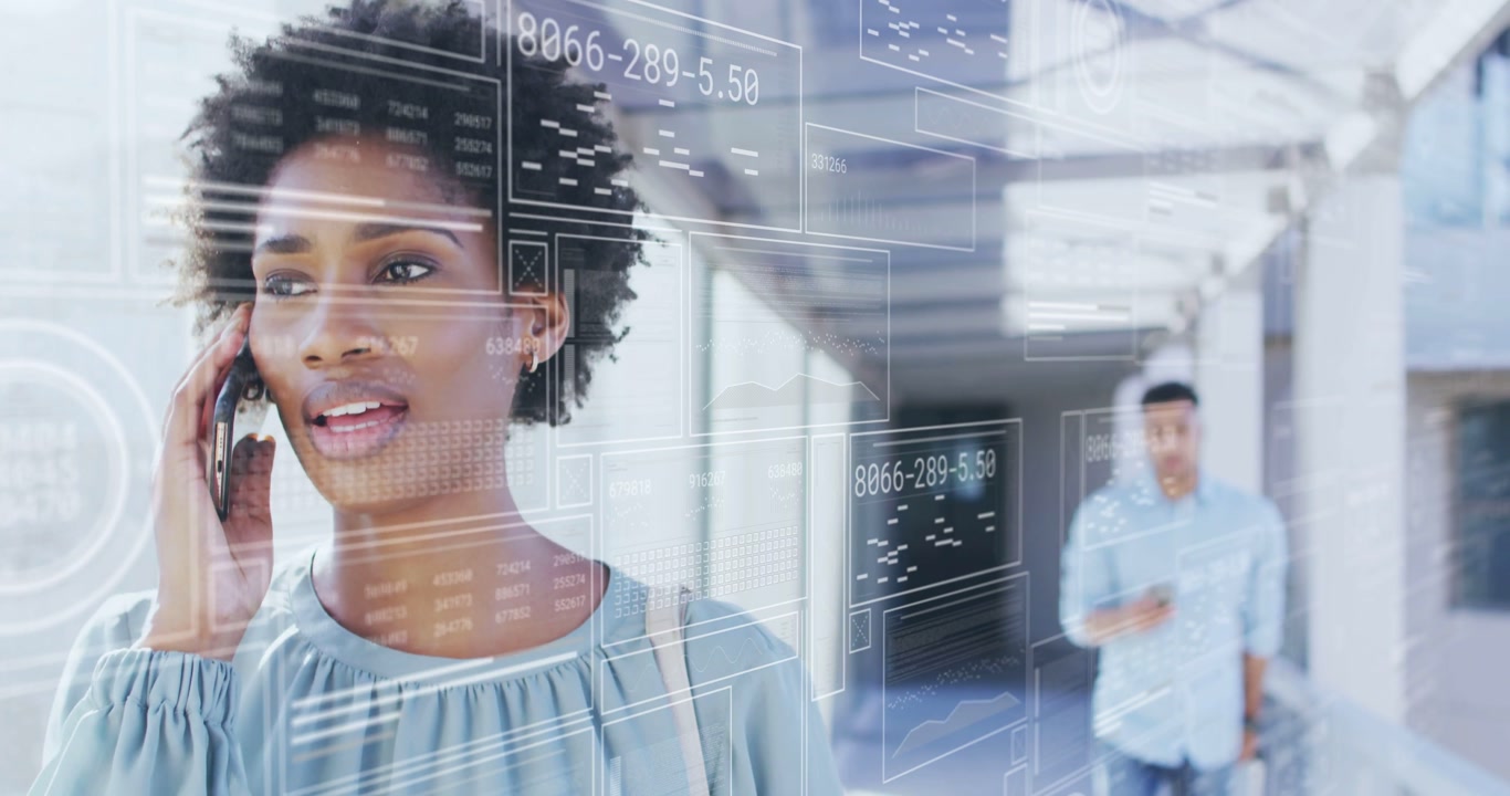 Woman walking down corridor while handling business call on phone, initiating animated HUD data