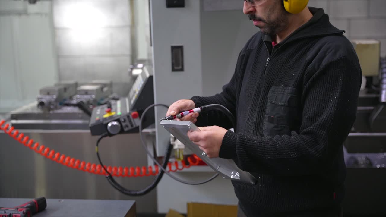 Man working with CNC machine in industrial setting