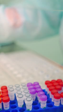 test tubes on a rack on the laboratory table. medical assistant in protective uniform and gloves working with vials of samples in scientific clinic. vertical video