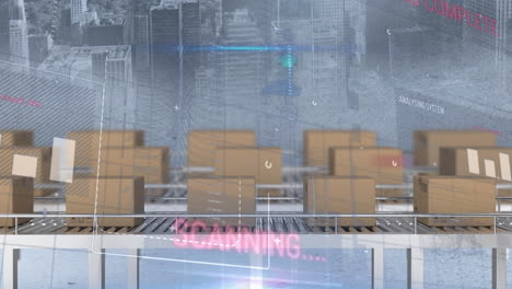 animación del procesamiento de estadísticas sobre cajas de cartón en cintas transportadoras y paisaje urbano