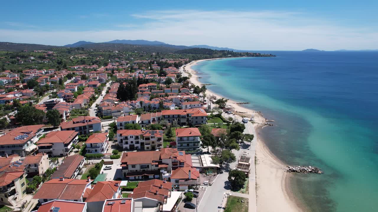 Nikiti Greece Halkidiki, Seaside Village Aerial Point of Interest Shot