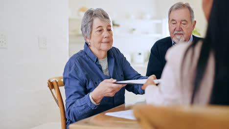 home, senior couple and documents with handshake