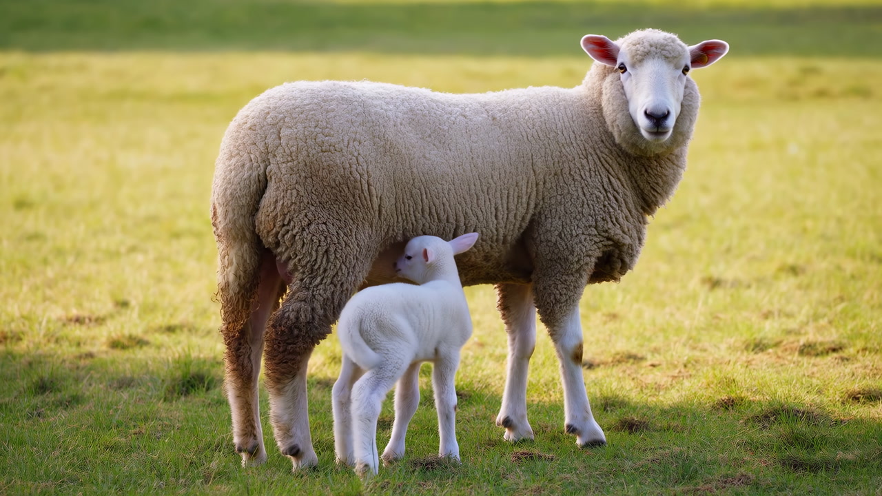 Sheep And Lamb In Pasture Nursing At Golden Hour, Woolly Ewe Stands Protectively While White Lamb Feeds,