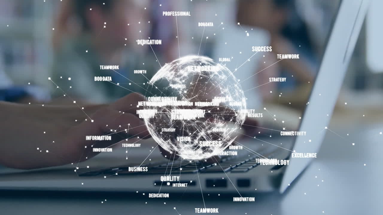 노트북을 사용하는 두 인종 여성에 대한 연결 네트워크와 지구상의 애니메이션