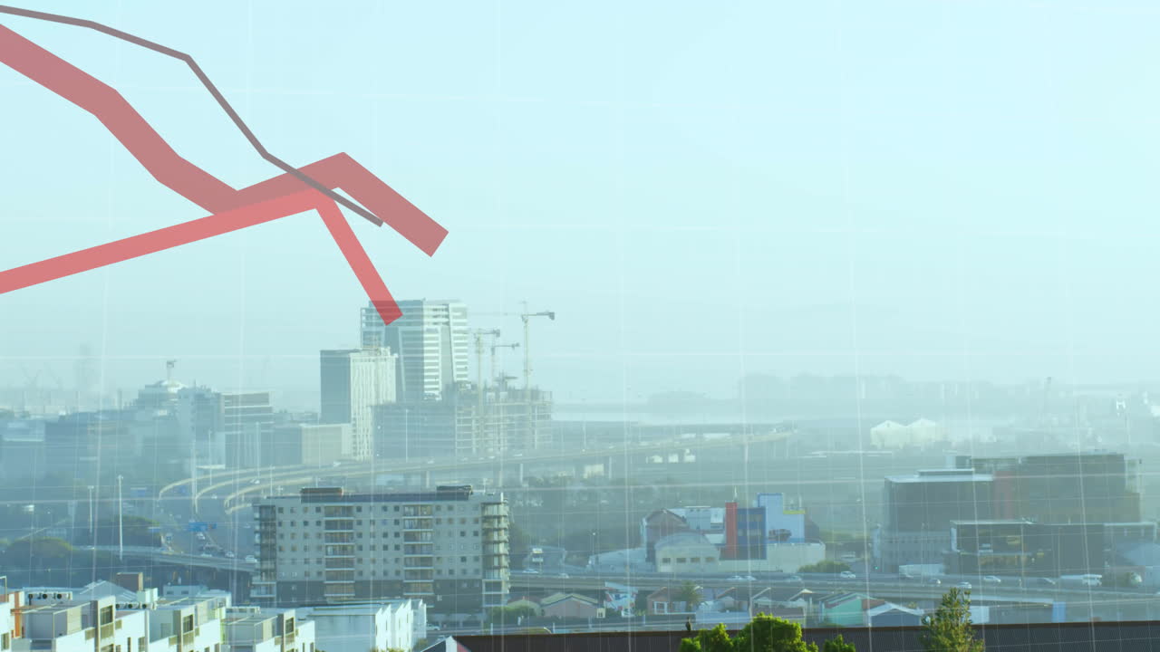 빨간 선의 애니메이션과 건물에 대한 금융 데이터 처리