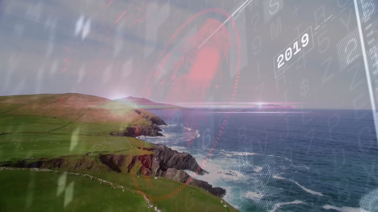 Rocky coastal cliffs topping green fields and sea waves receiving floating numeric circuit overlays