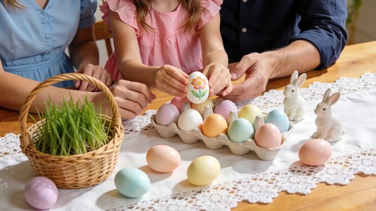 Parents reaching girl in pink dress lifting, placing floral egg on dining table among pastel eggs