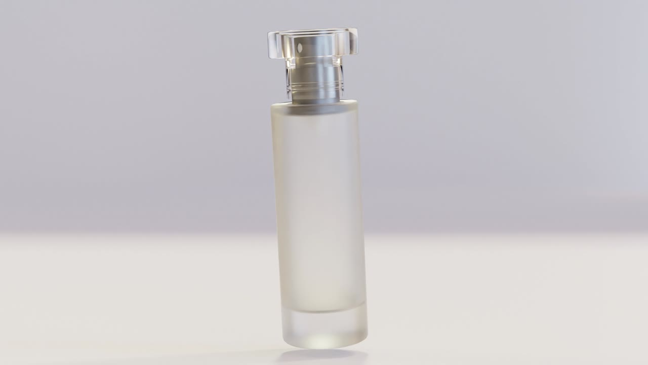 animación en bucle de la botella de perfume girar en el aire, producto cosmético para hombres, fondo blanco, agua del inodoro, botella de aerosol de vidrio, aceite para el cuidado de la barba y el bigote, renderizado en 3d