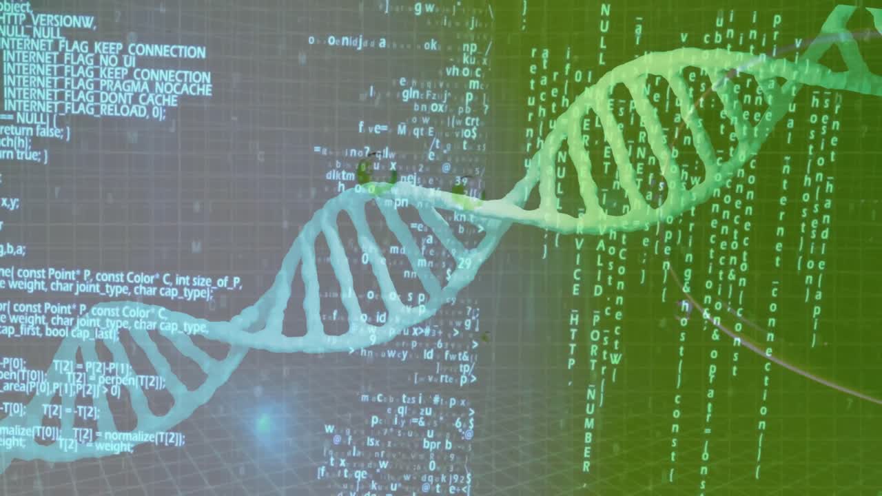 녹색 배경에 있는 거품과 dna 줄에 대한 데이터 처리의 애니메이션