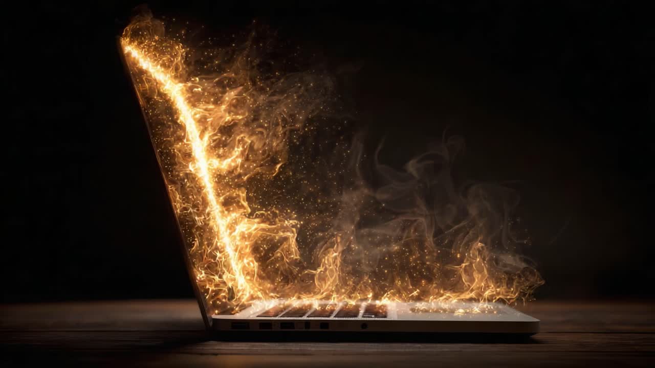 En bærbar computer i flammer viser farerne ved overophedning af elektronik og potentielle brandfarer ved brug af teknologi