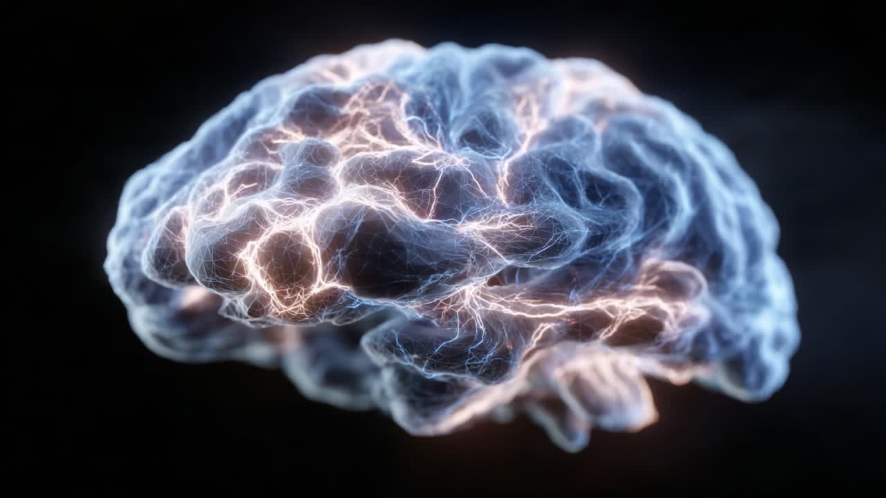 A Stunning Close-Up View of a Human Brain with Electric Neural Activity Illuminating the Surface, Capturing the Intricate Details of Neural Connections