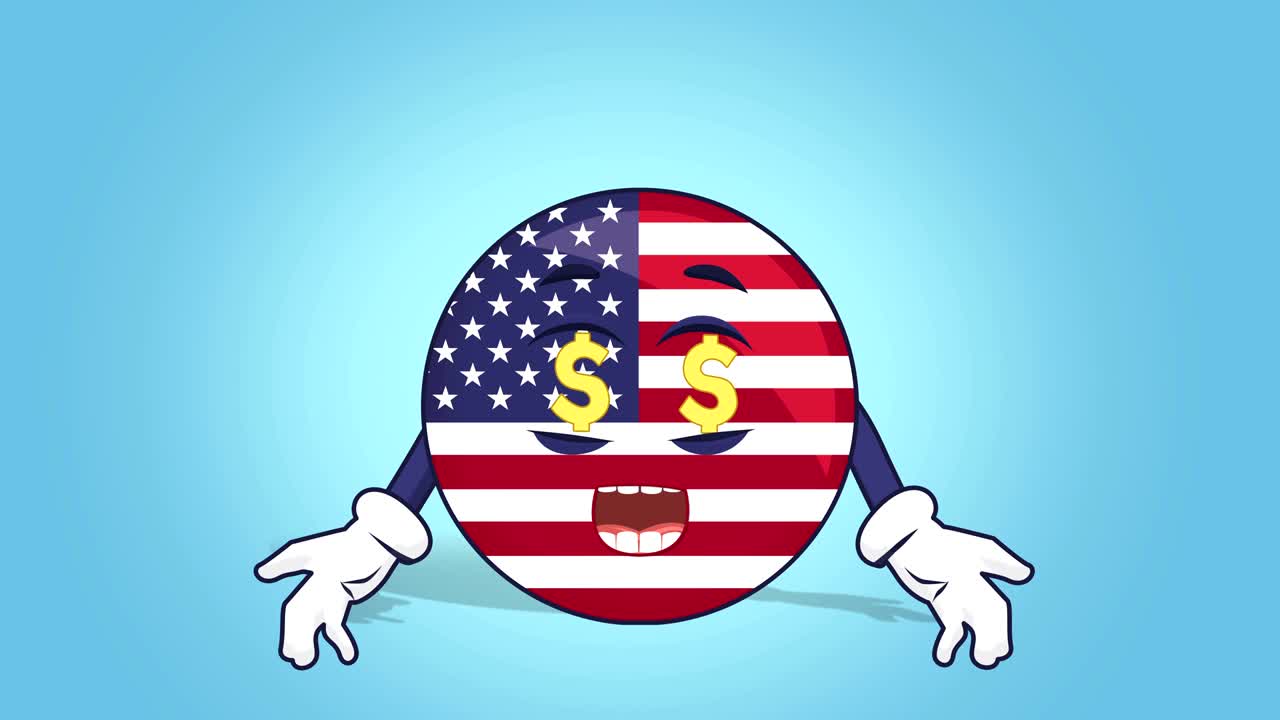 Cartoon USA Icon Flag United States America Dollar Eyes Money with Face Animation