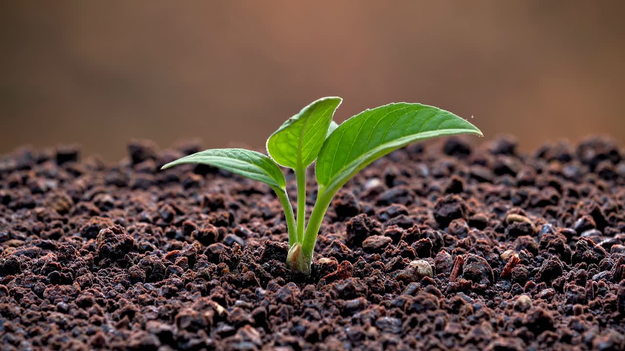 Primo piano di una piccola pianta verde che spunta da un terreno fertile, catturato all'altezza degli occhi