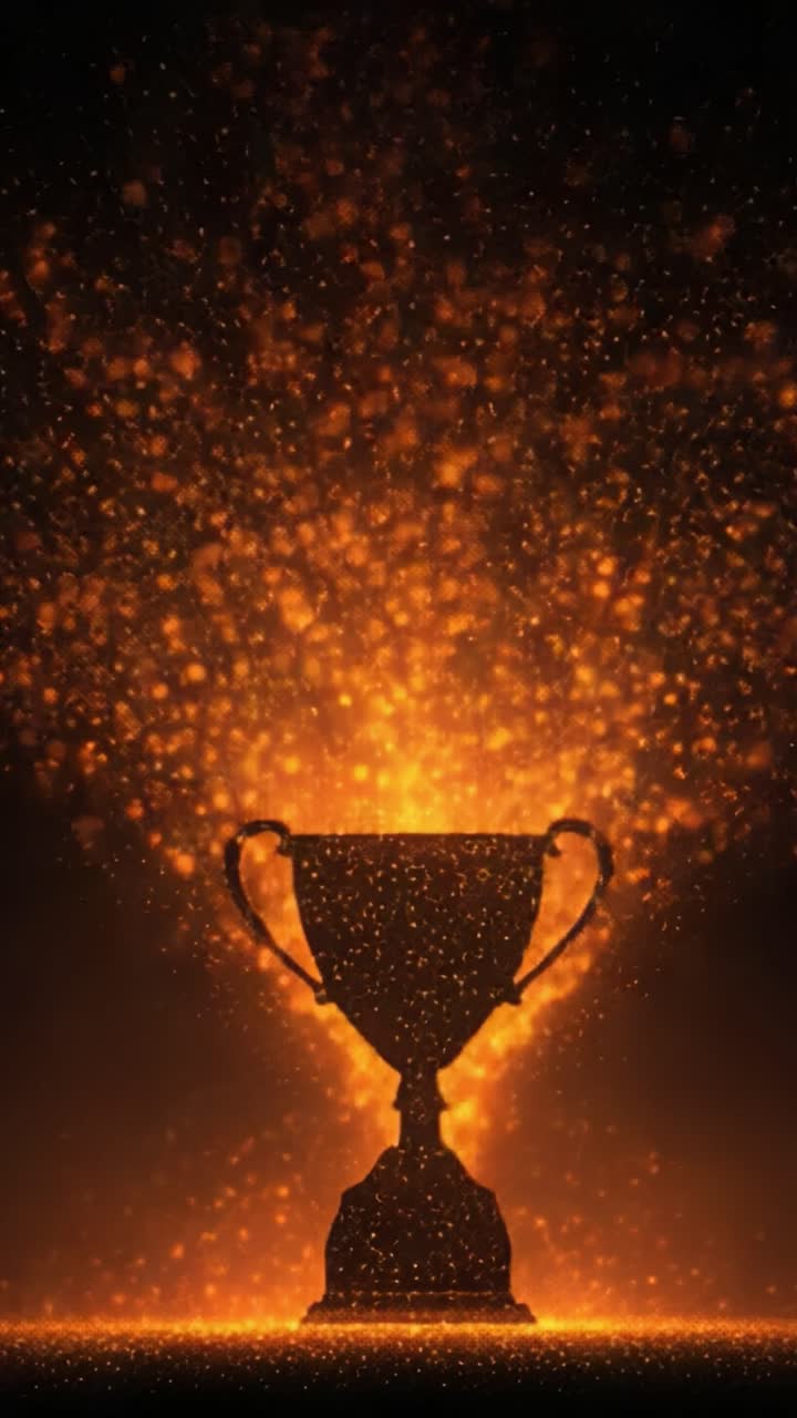 Un trofeo luminoso circondato da un'esplosione di scintille e luce, che simboleggia vittoria, successo e celebrazione in una drammatica esibizione infuocata