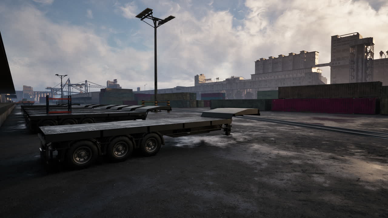 선박 창고 에 있는 빈 트레일러 트럭