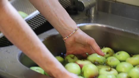 Adult-Woman's-Hand-Washing-Apples-On-Sink-And-Transfer-On-Tray