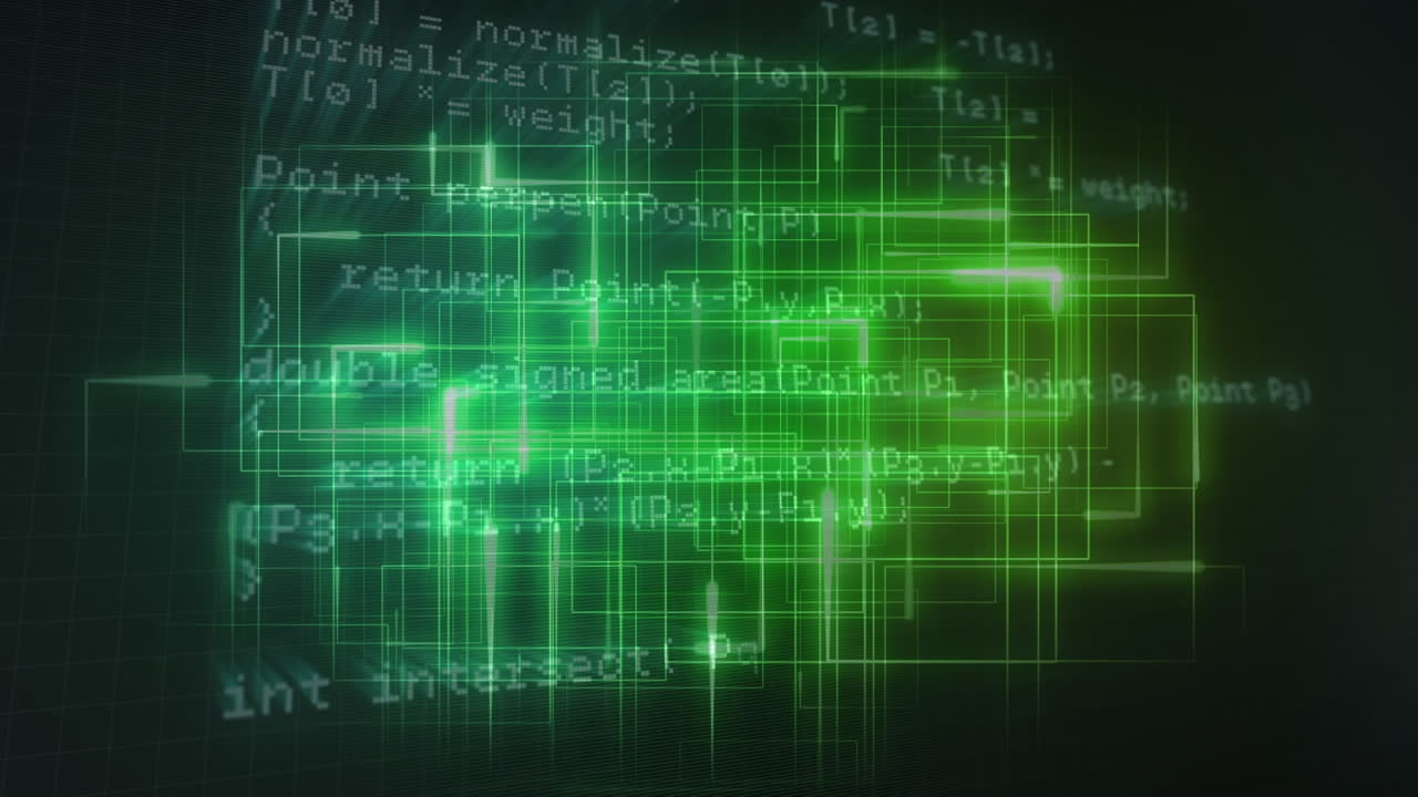 Animation of glowing data processing with markers over grid