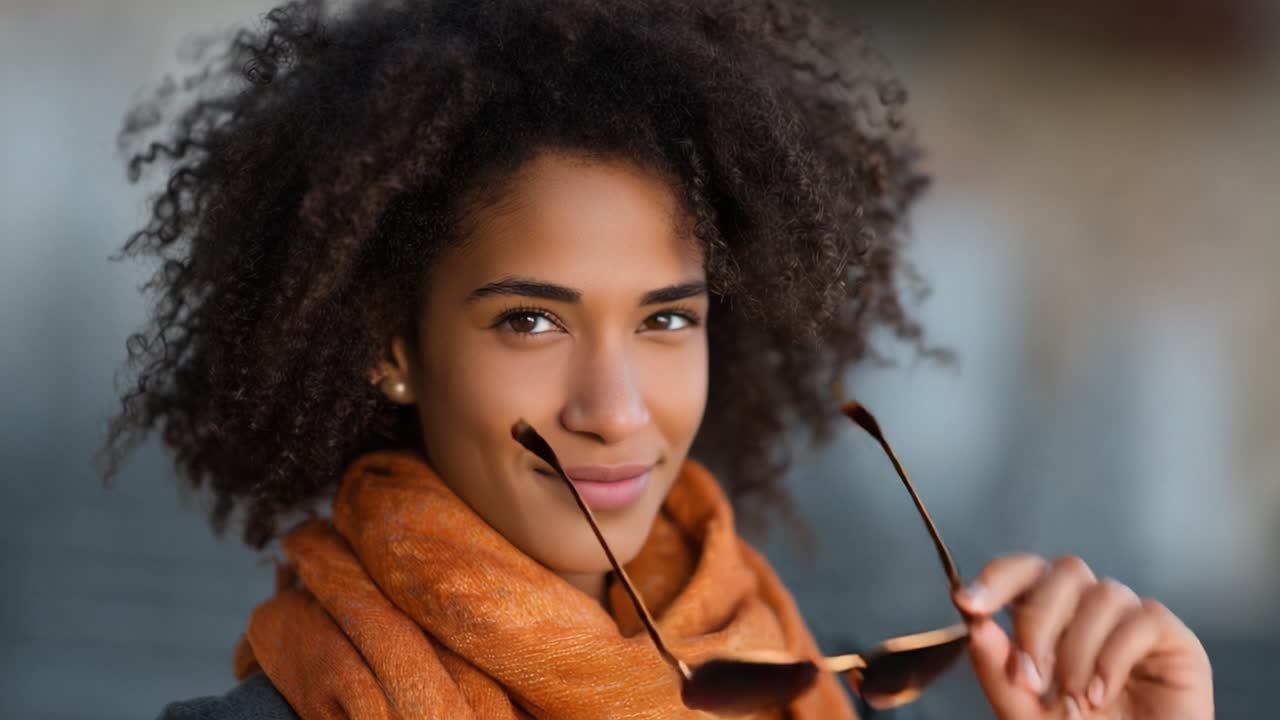 Confident Woman with Curly Hair and Stylish Sunglasses Poses for the Camera in a Vibrant Orange Scarf, Exuding Charm and Elegance in Outdoor Setting
