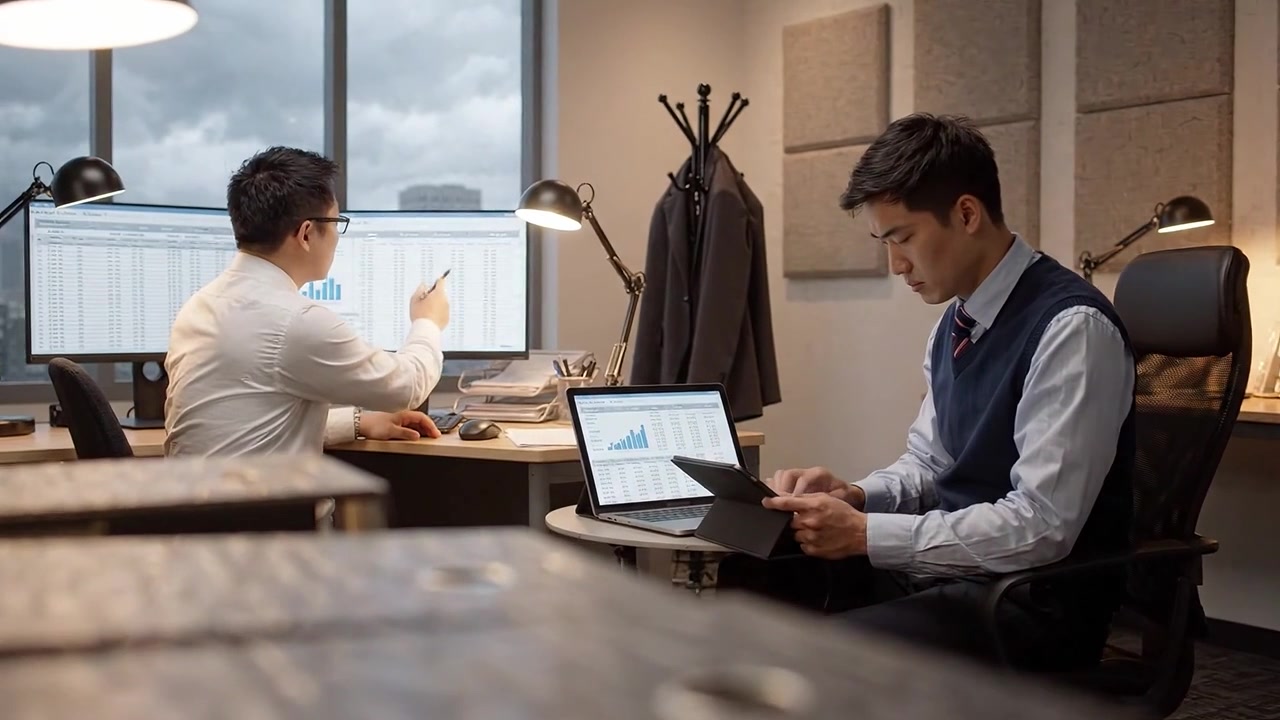 Dua Profesional Terlibat dalam Analisis dan Diskusi Data di Lingkungan Kantor Modern, Menampilkan Kerja Tim dan Pemanfaatan Teknologi untuk Pengambilan Keputusan yang Lebih Baik