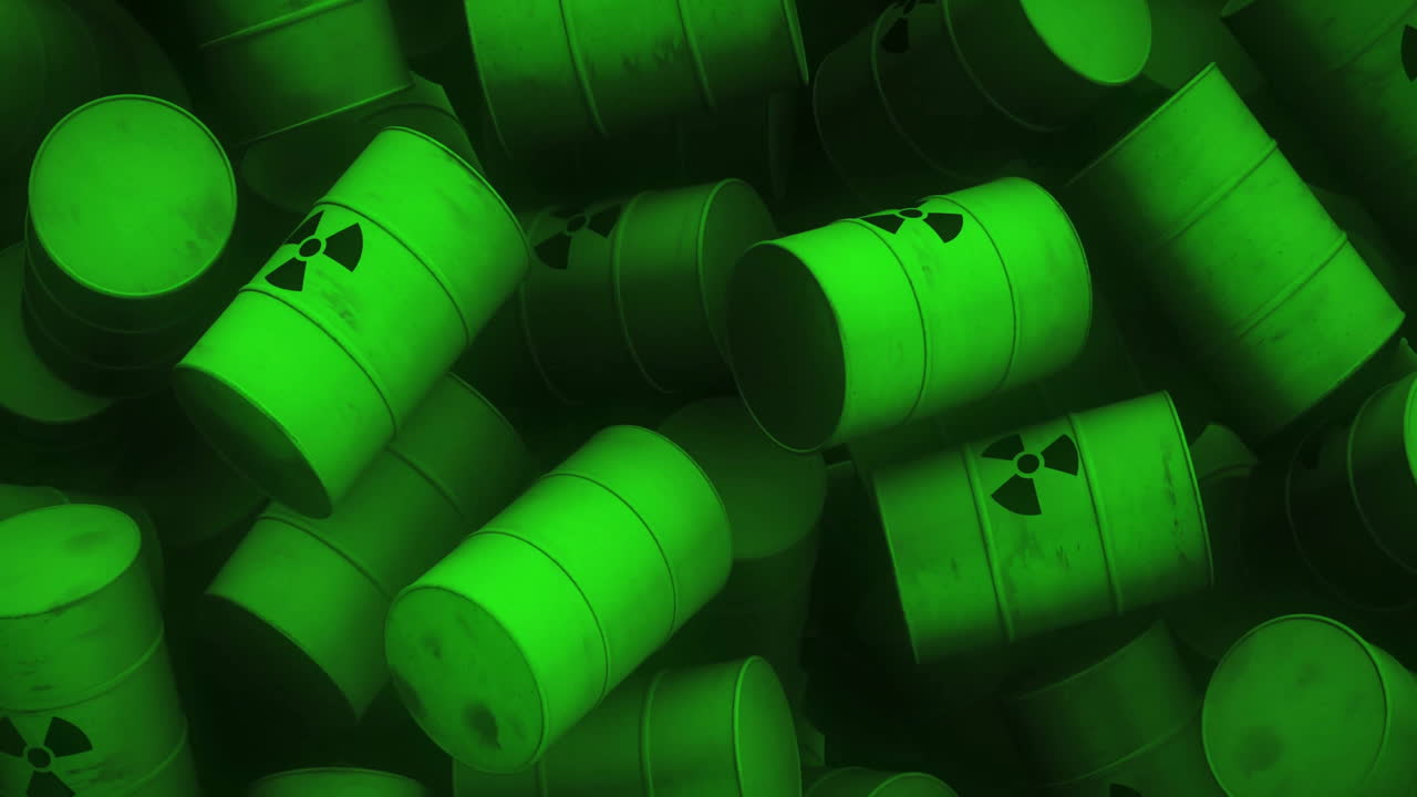 Animação de barris verdes com sinal radioativo