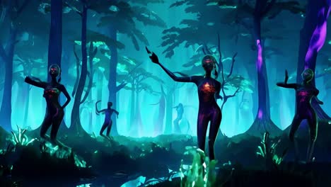 glowing people dancing in a dark forest