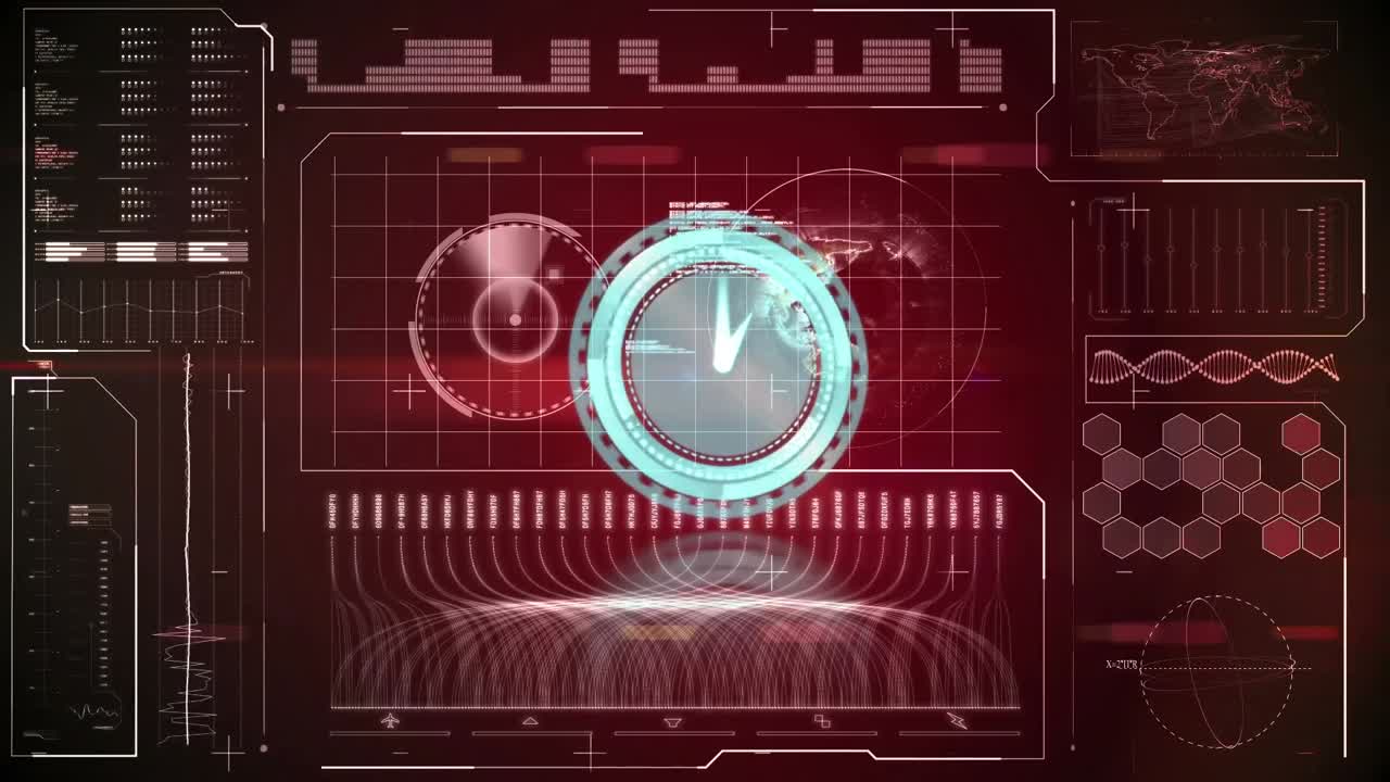 Animation of scope scanning with clock over data processing on red background