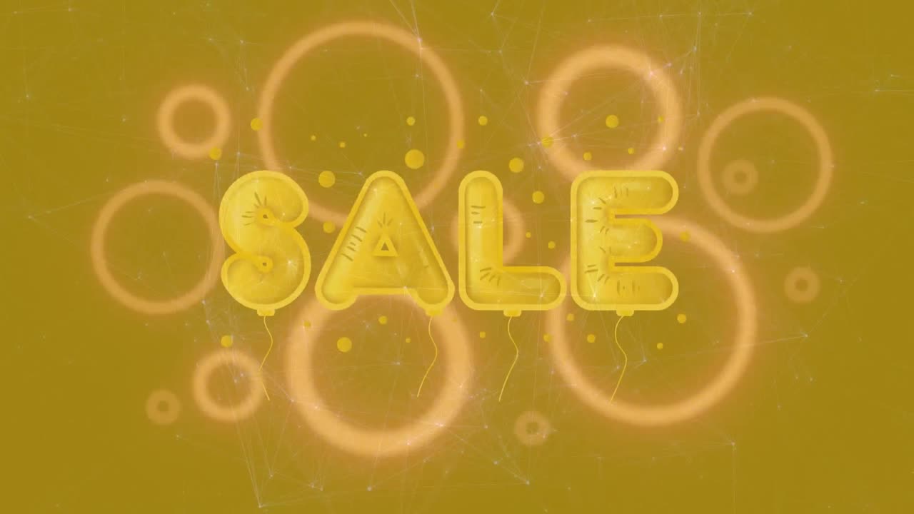 animación de la red de conexiones y texto de venta sobre fondo amarillo