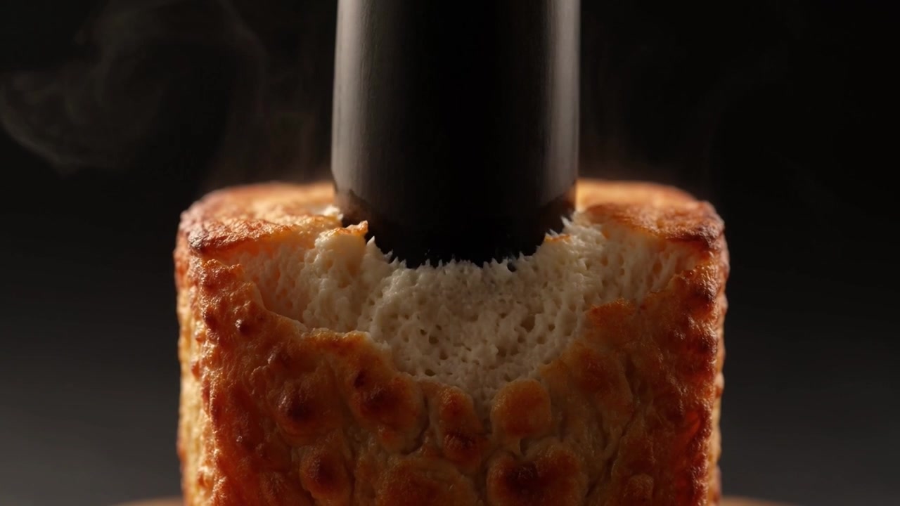 Strumento cilindrico che preme su una pagnotta di pane fresco e fumante.