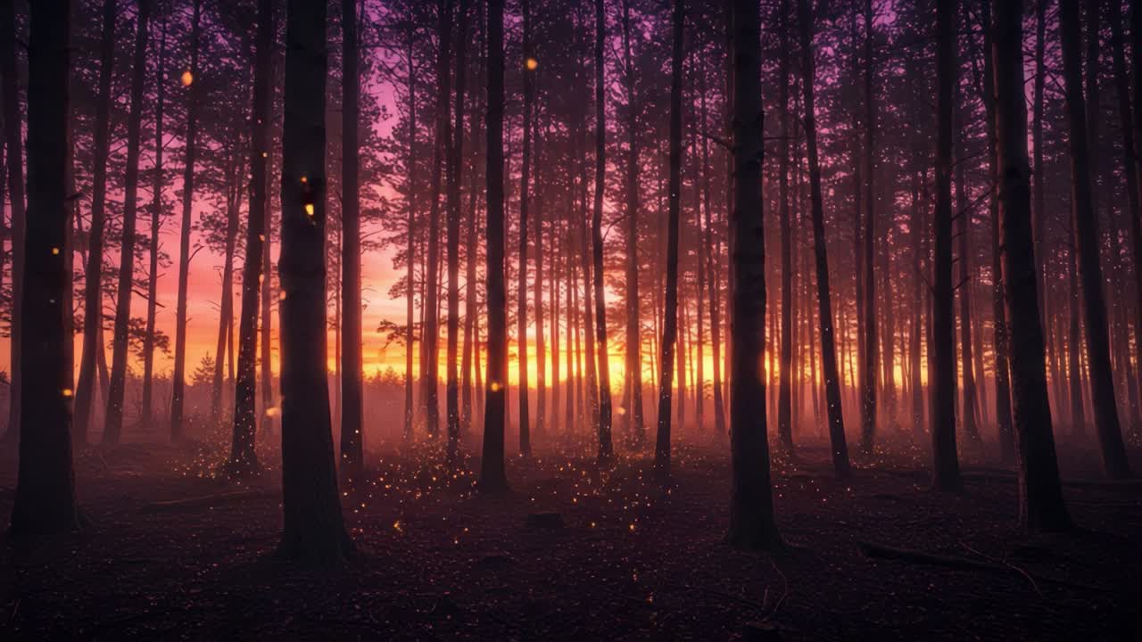 Enchanting Twilight in a Mystical Forest: Captured Moments of Dusk Illuminated by Dancing Fireflies Amidst Towering Trees and Ethereal Colors