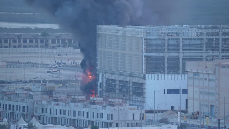 Una obra en construcción envuelta en llamas, con mangueras de agua elevadas combatiendo el fuego. Un denso humo se eleva sobre un fondo de desarrollo urbano.