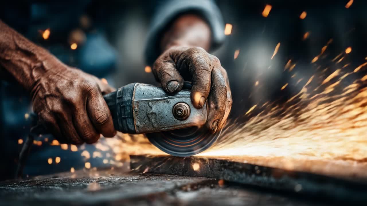 A Skilled Artisan Grinds Metal with Precision, Creating a Shower of Sparks in a Workshop Setting, Showcasing the Art of Metalworking and Craftsmanship