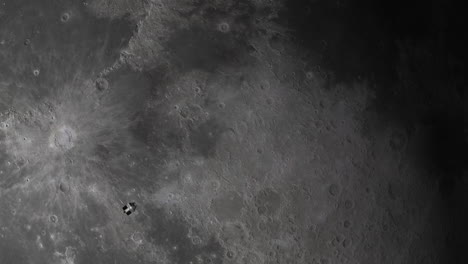 rotating view of moon lunar surface with highly detailed impact craters with small orion space capsule orbiting - 3d animation 4k prores