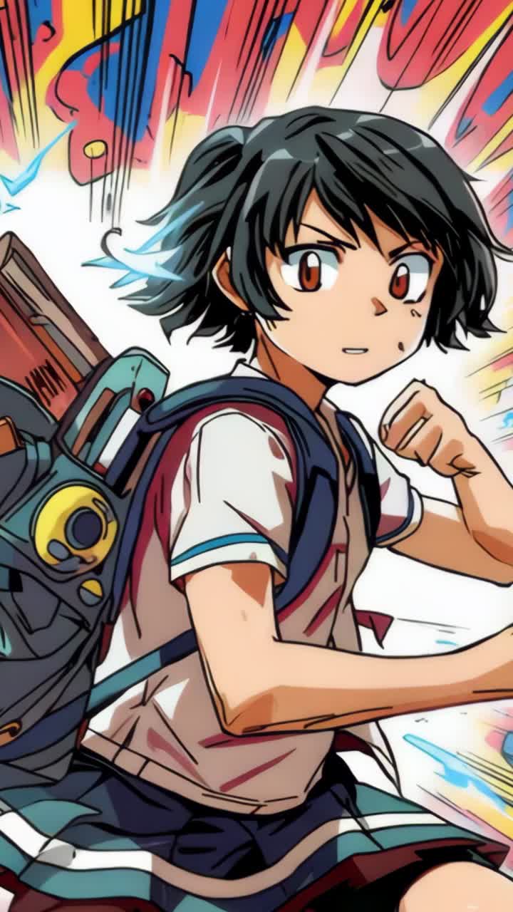 Vertical video: Uniformed student standing ready amid speed lines, with mat and board on backpack