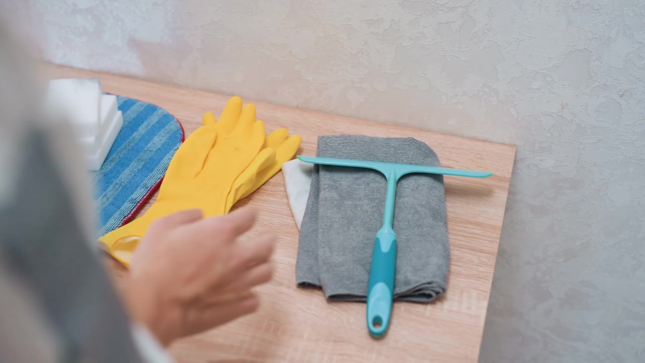 Gloves and squeegee on counter. White cleaning professional slides glove onto handle and aligns microfiber pads, arranging station for window and surface cleaning, methodical setup, efficient domestic