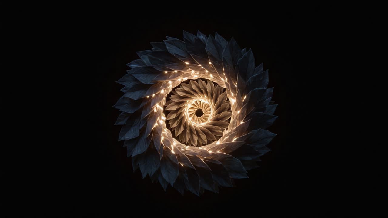 Captivating Spiral of Leaves and Lights: A Mesmerizing Journey Through Nature's Intricate Patterns in Artistic Display