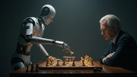 a battle of minds: a humanoid robot and a human chess player engage in a tense strategy game, showcasing the intersection of technology and intelligence