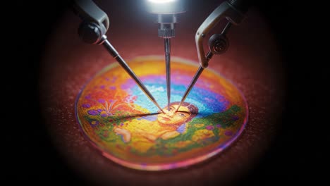 intricate artistry unveiled: a close-up of precision tools engaged in creating a colorful masterpiece featuring a whimsical child surrounded by nature's beauty