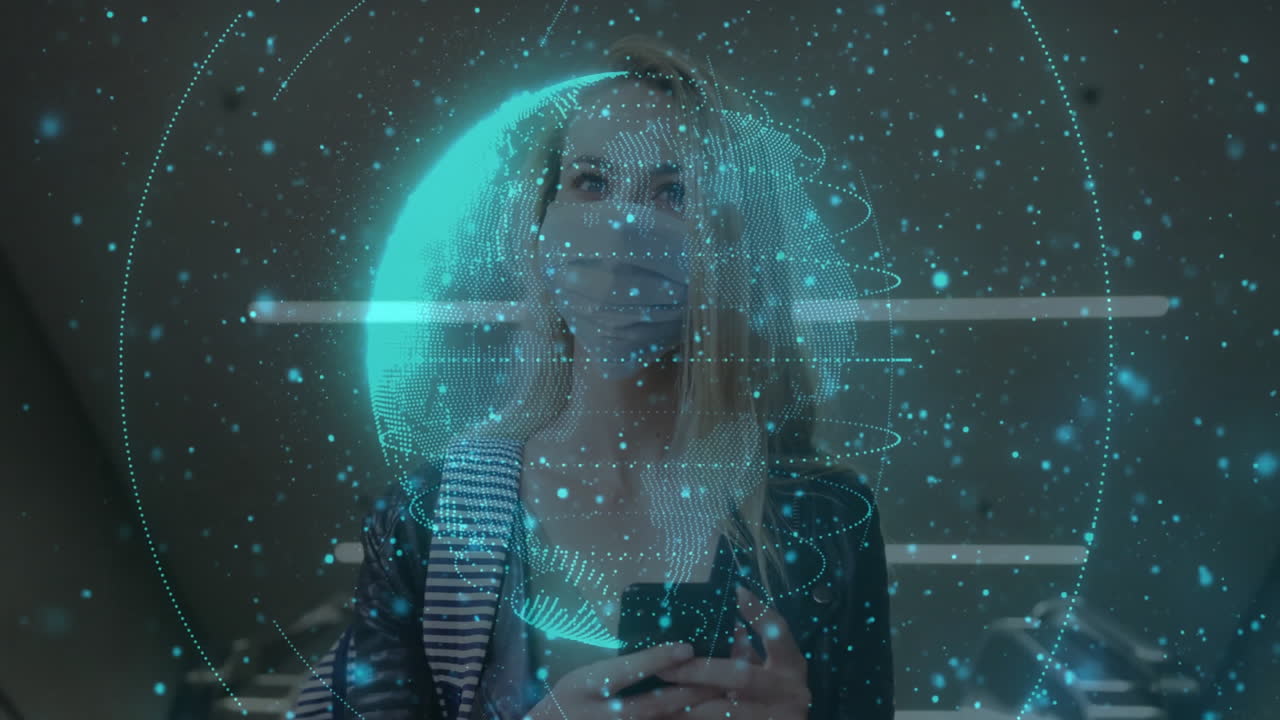 Holding smartphone with animation of digital globe, woman viewing data visualization