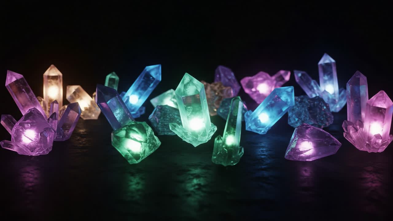 A Stunning Display of Illuminated Crystals in Various Colors, Showcasing Their Natural Beauty and Radiance Against a Dark Background