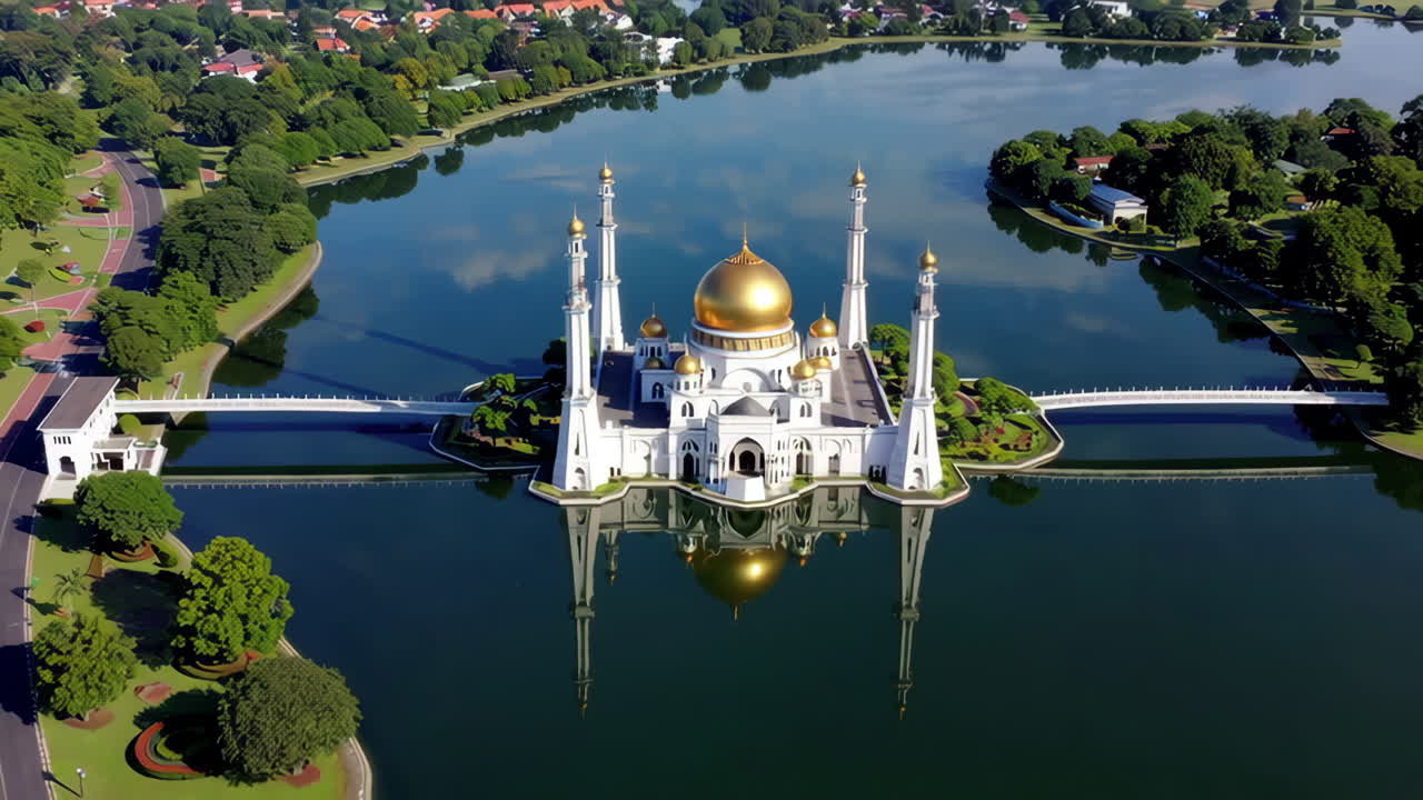 Aerial View of a Majestic Mosque on an Island in a Lake