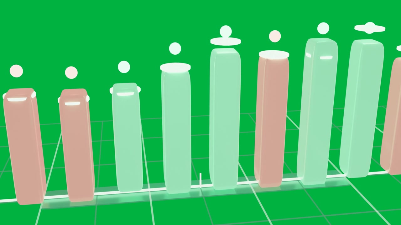 3D pill bars rising and pulsing on glowing baseline on data update, showing values, transparent