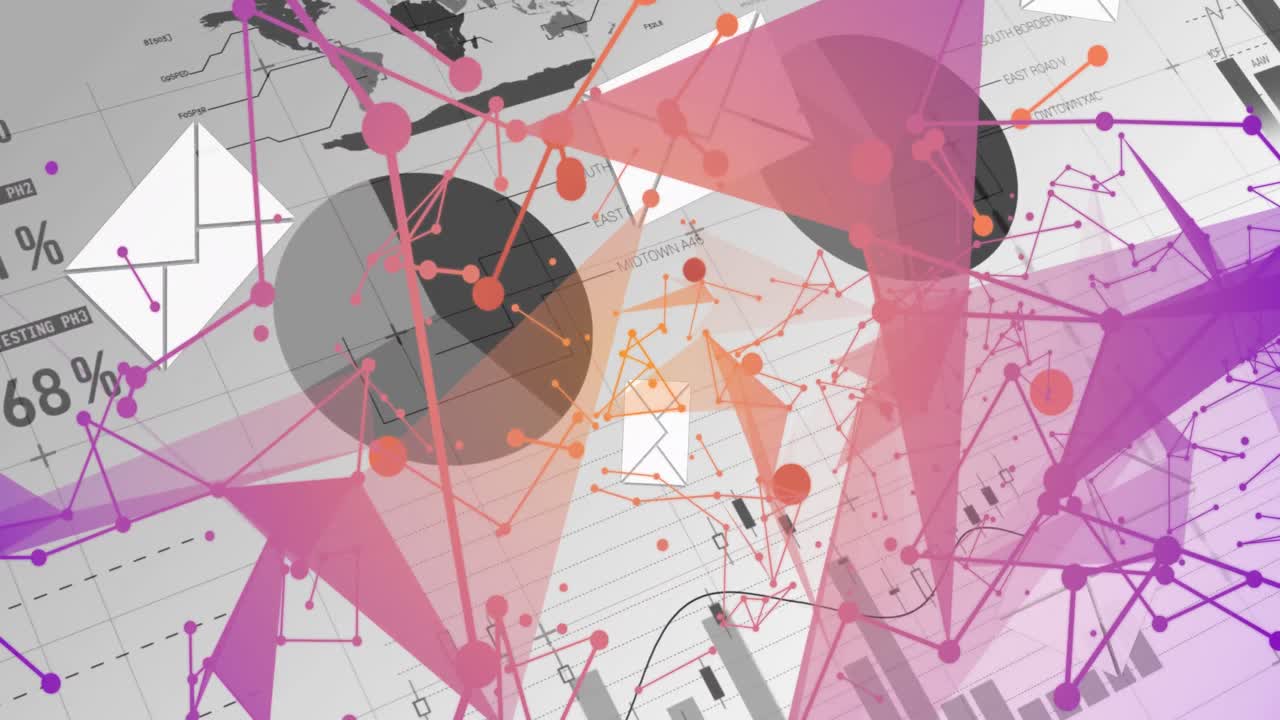 색 배경에 인포그래픽 인터페이스 위에 모양을 형성하는 점의 애니메이션, 떨어지는 봉투