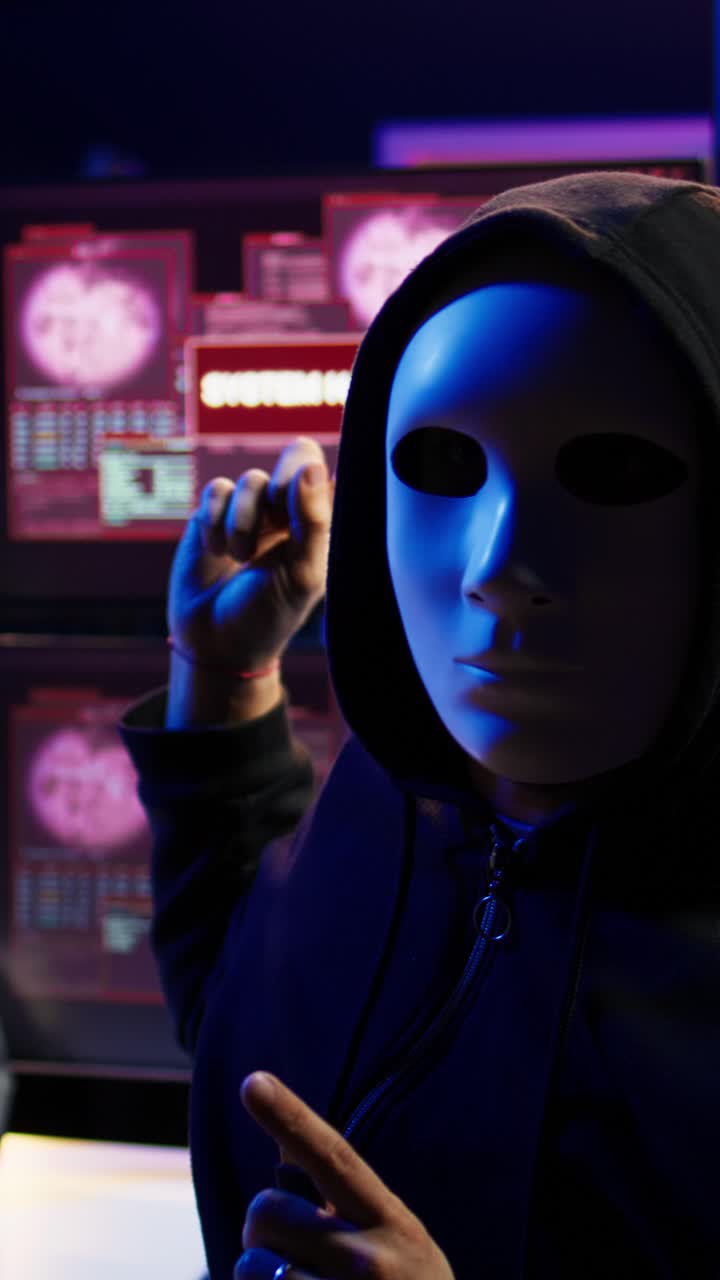 Video verticale. Primo piano di uno smartphone usato da un criminale informatico con maschera per registrare un ricatto
